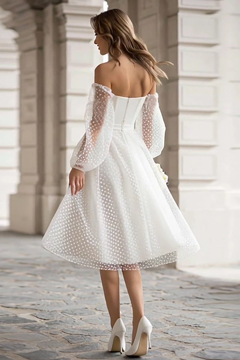 Load image into Gallery viewer, Ivory A Line Off the Shoulder Midi Wedding Dress with Sleeves