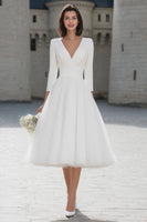 Load image into Gallery viewer, Queendancer Women Ivory Tulle Midi Wedding Dress with Sleeves A Line V-Neck Bridal Shower Dress