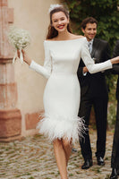 Load image into Gallery viewer, Ivory Bodycon Satin Short Wedding Dress with Feathers