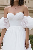Load image into Gallery viewer, Ivory Organza A Line Off the Shoulder Midi Wedding Dress