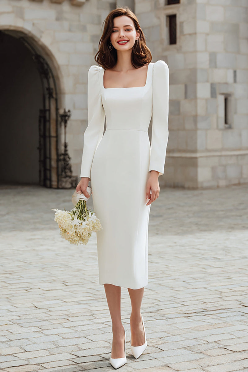 Load image into Gallery viewer, Ivory Square Neck Bodycon Midi Engagement Dress with Sleeves
