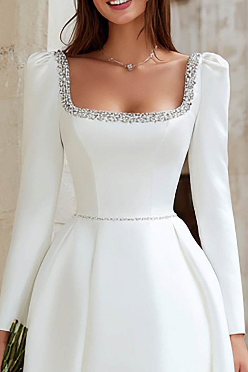 Queendancer Women Sparkly Ivory Satin Short Wedding Dress with Beading A Line Scoop Long Sleeves Bridal Shower Dress queendanceruk Queendancer Women Sparkly Ivory Satin Short Wedding Dress with Beading A Line Scoop Long Sleeves Bridal Shower Dress queendanceruk