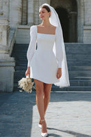 Load image into Gallery viewer, Women Ivory Satin Short Wedding Dress Long Sleeves Square Neck A Line Bridal Shower Dress