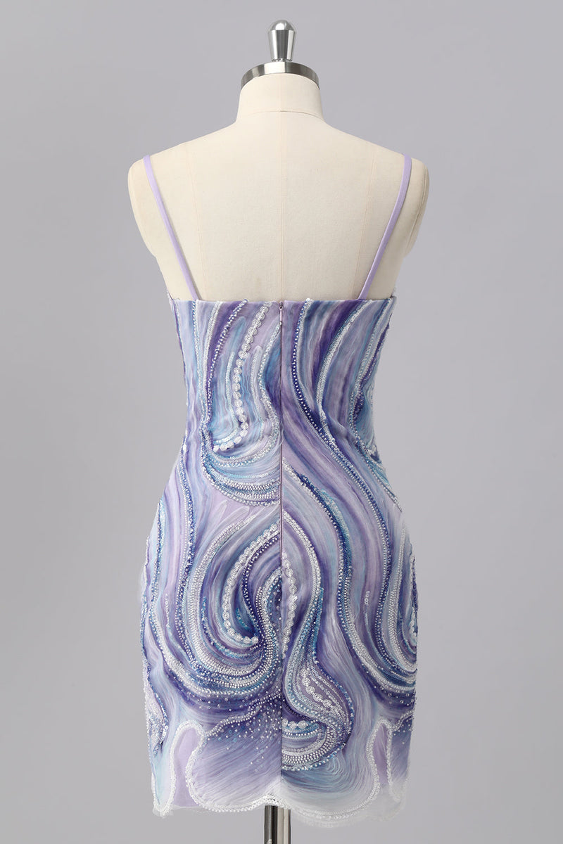 Load image into Gallery viewer, Sparkly Lilac Spaghetti Straps Tight Short Prom Dress with Beading