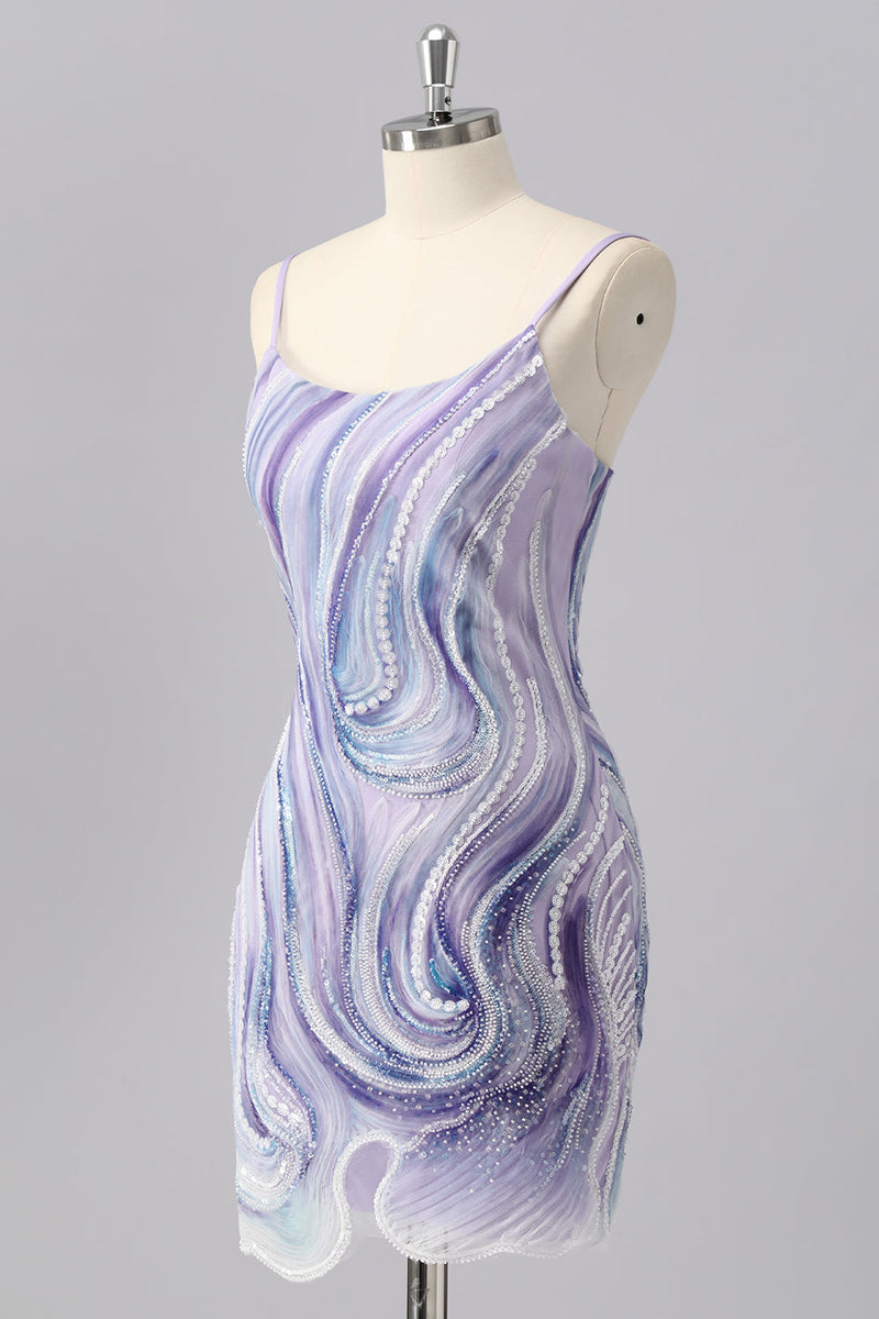 Load image into Gallery viewer, Sparkly Lilac Spaghetti Straps Tight Short Prom Dress with Beading