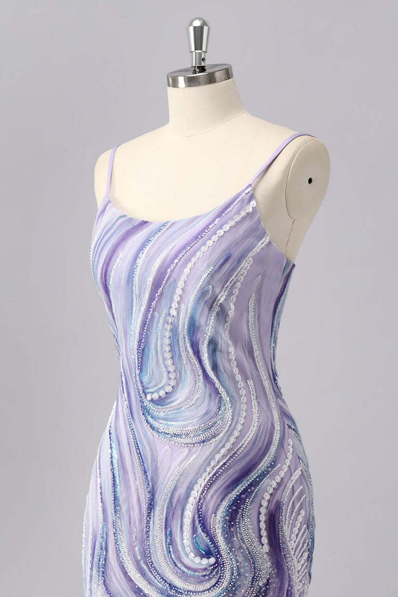 Load image into Gallery viewer, Sparkly Lilac Spaghetti Straps Tight Short Prom Dress with Beading