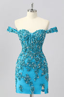 Load image into Gallery viewer, Sparkly Blue Off the Shoulder Short Corset Prom Dress with Beading