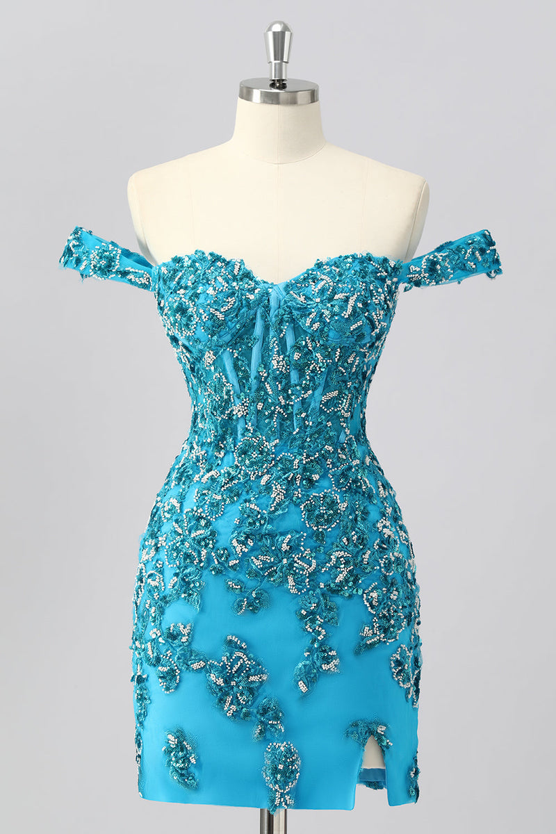 Load image into Gallery viewer, Sparkly Blue Off the Shoulder Short Corset Prom Dress with Beading