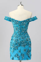 Load image into Gallery viewer, Sparkly Blue Off the Shoulder Short Corset Prom Dress with Beading