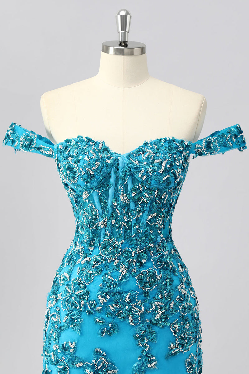 Load image into Gallery viewer, Sparkly Blue Off the Shoulder Short Corset Prom Dress with Beading