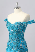 Load image into Gallery viewer, Sparkly Blue Off the Shoulder Short Corset Prom Dress with Beading