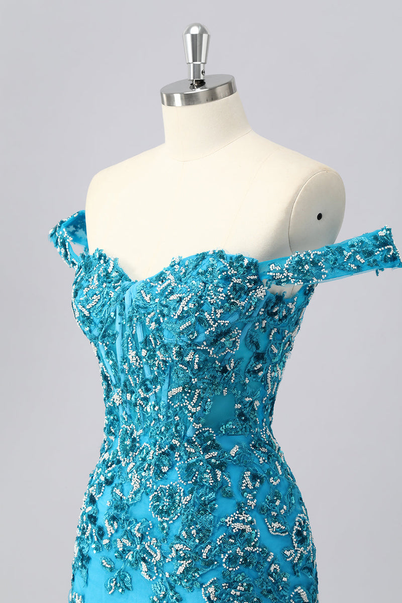 Load image into Gallery viewer, Sparkly Blue Off the Shoulder Short Corset Prom Dress with Beading