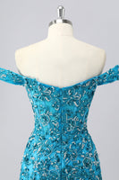 Load image into Gallery viewer, Sparkly Blue Off the Shoulder Short Corset Prom Dress with Beading