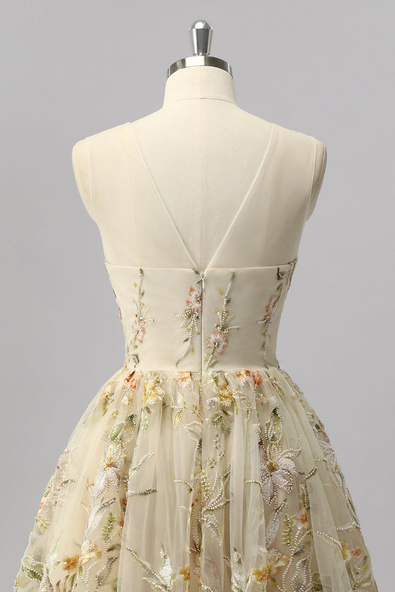 Load image into Gallery viewer, Sparkly Apricot A Line Short Floral Prom Dress with Beading