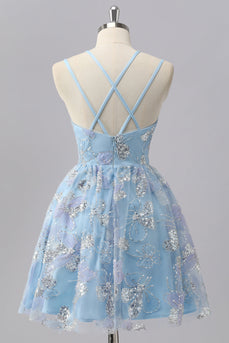 Sparkly Blue Spaghetti Straps A Line Short Prom Dress with Sequins