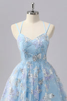 Load image into Gallery viewer, Sparkly Blue Spaghetti Straps A Line Short Prom Dress with Sequins