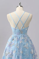 Load image into Gallery viewer, Sparkly Blue Spaghetti Straps A Line Short Prom Dress with Sequins