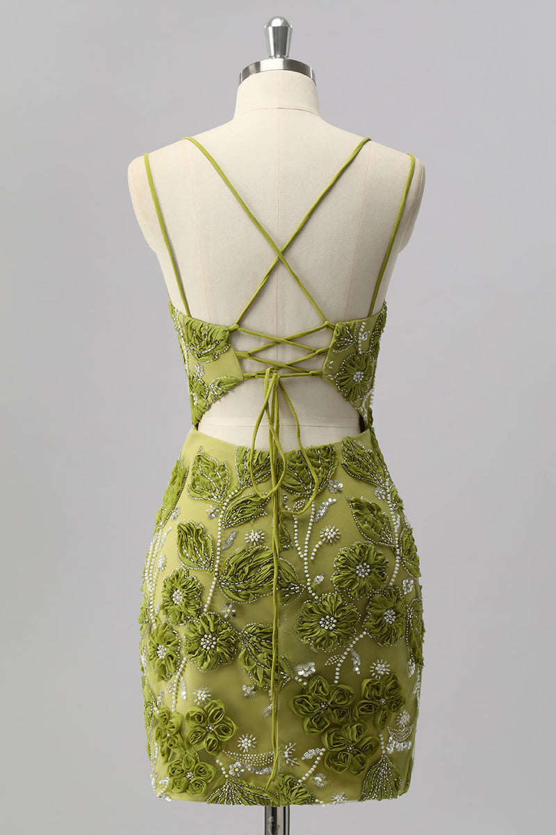 Load image into Gallery viewer, Sparkly Green Cut Out Floral Tight Short Beaded Prom Dress