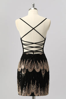 Sparkly Black Backless Tight Beaded Short Prom Dress