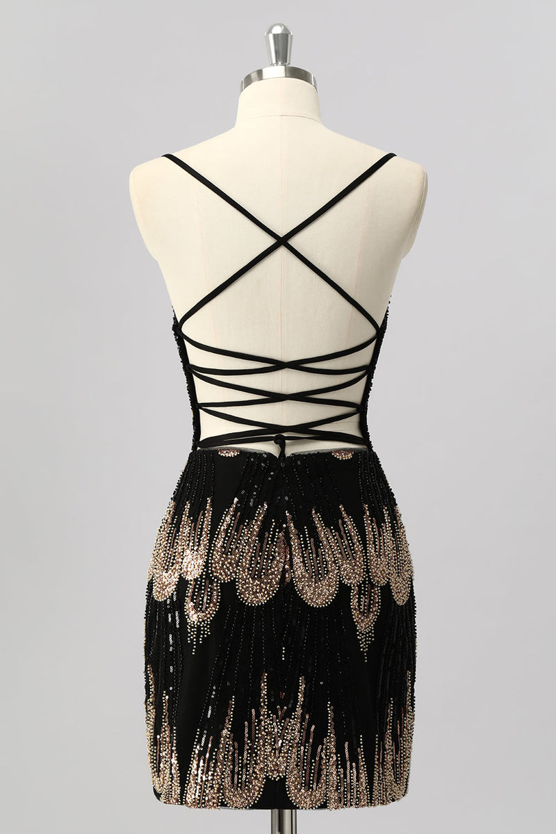 Load image into Gallery viewer, Sparkly Black Backless Tight Beaded Short Prom Dress