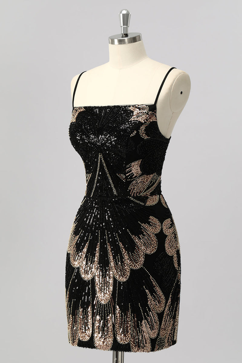 Load image into Gallery viewer, Sparkly Black Backless Tight Beaded Short Prom Dress