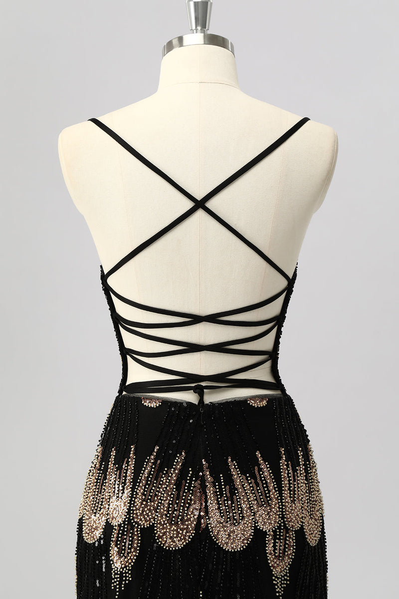 Load image into Gallery viewer, Sparkly Black Backless Tight Beaded Short Prom Dress