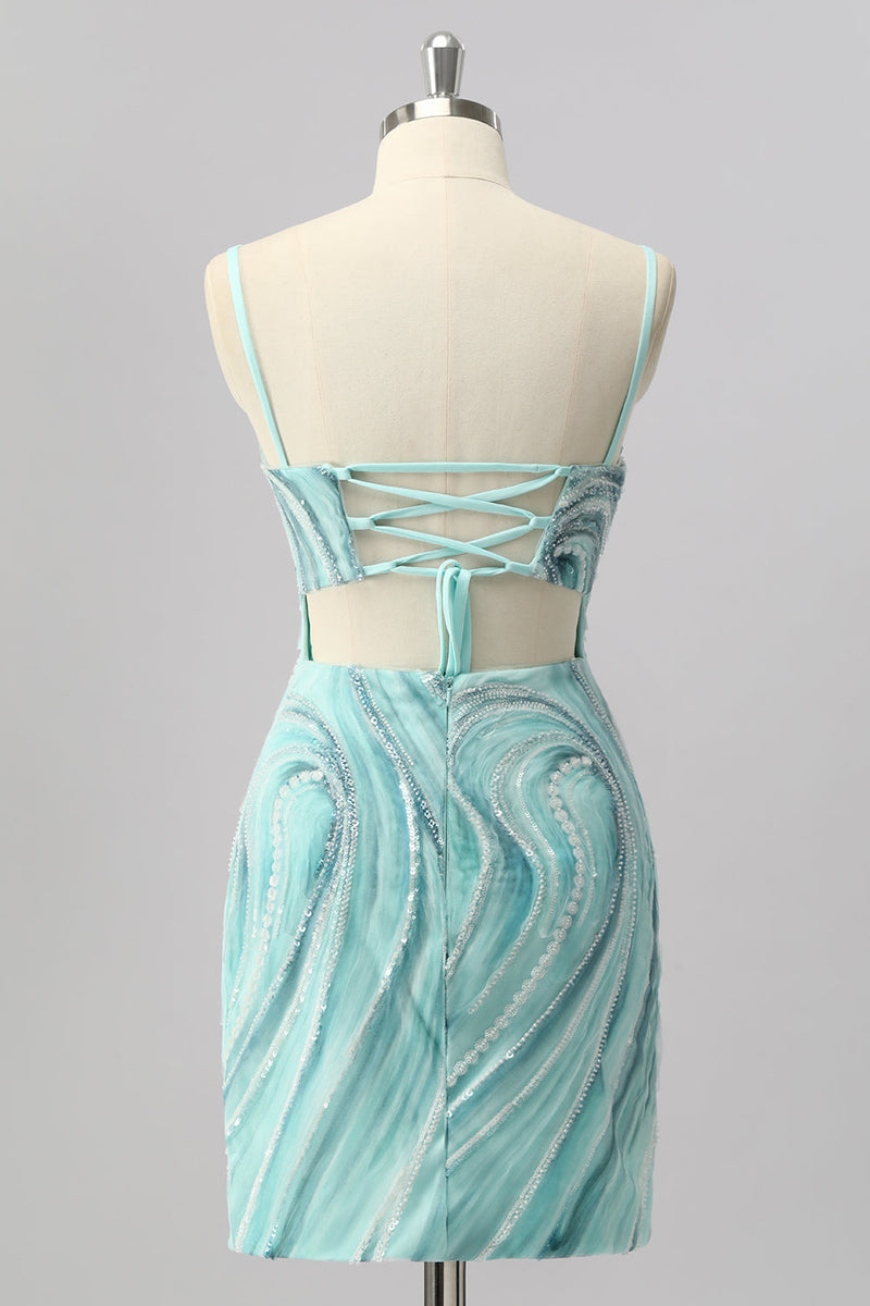 Load image into Gallery viewer, Sparkly Green Short Tight Beaded Prom Dress with Slit