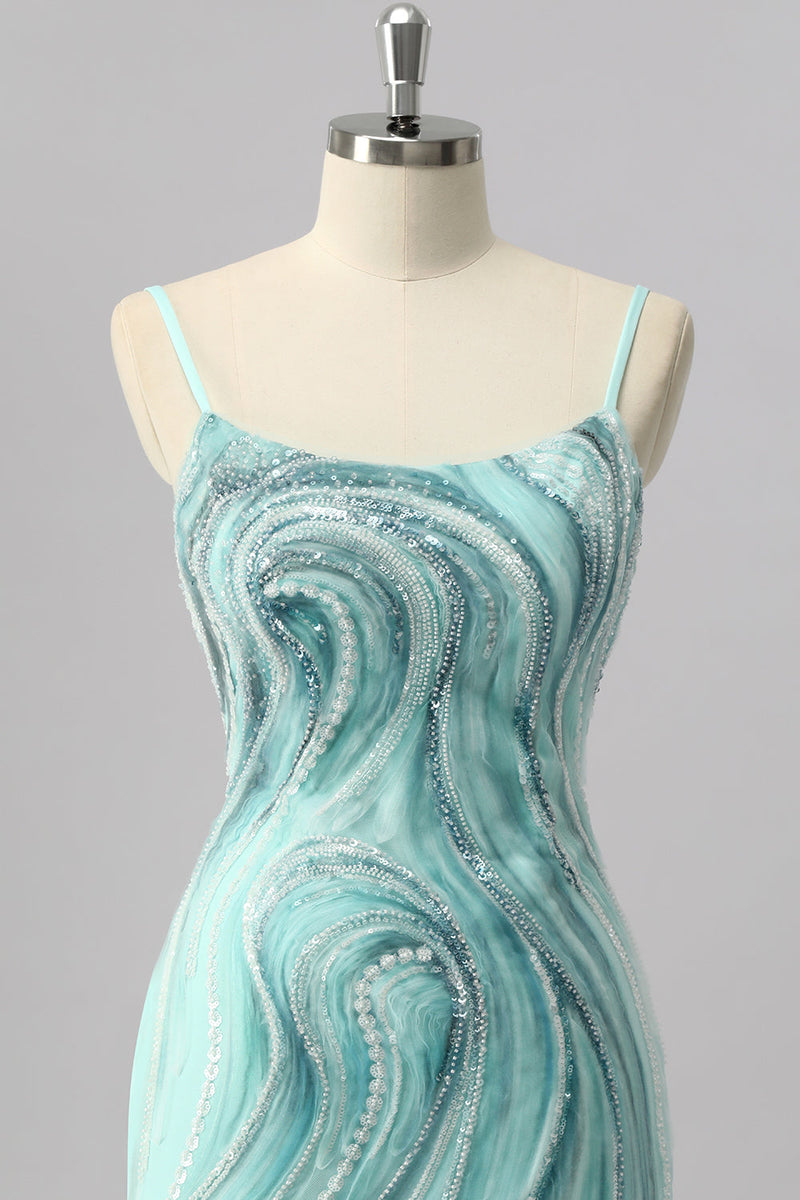 Load image into Gallery viewer, Sparkly Green Short Tight Beaded Prom Dress with Slit