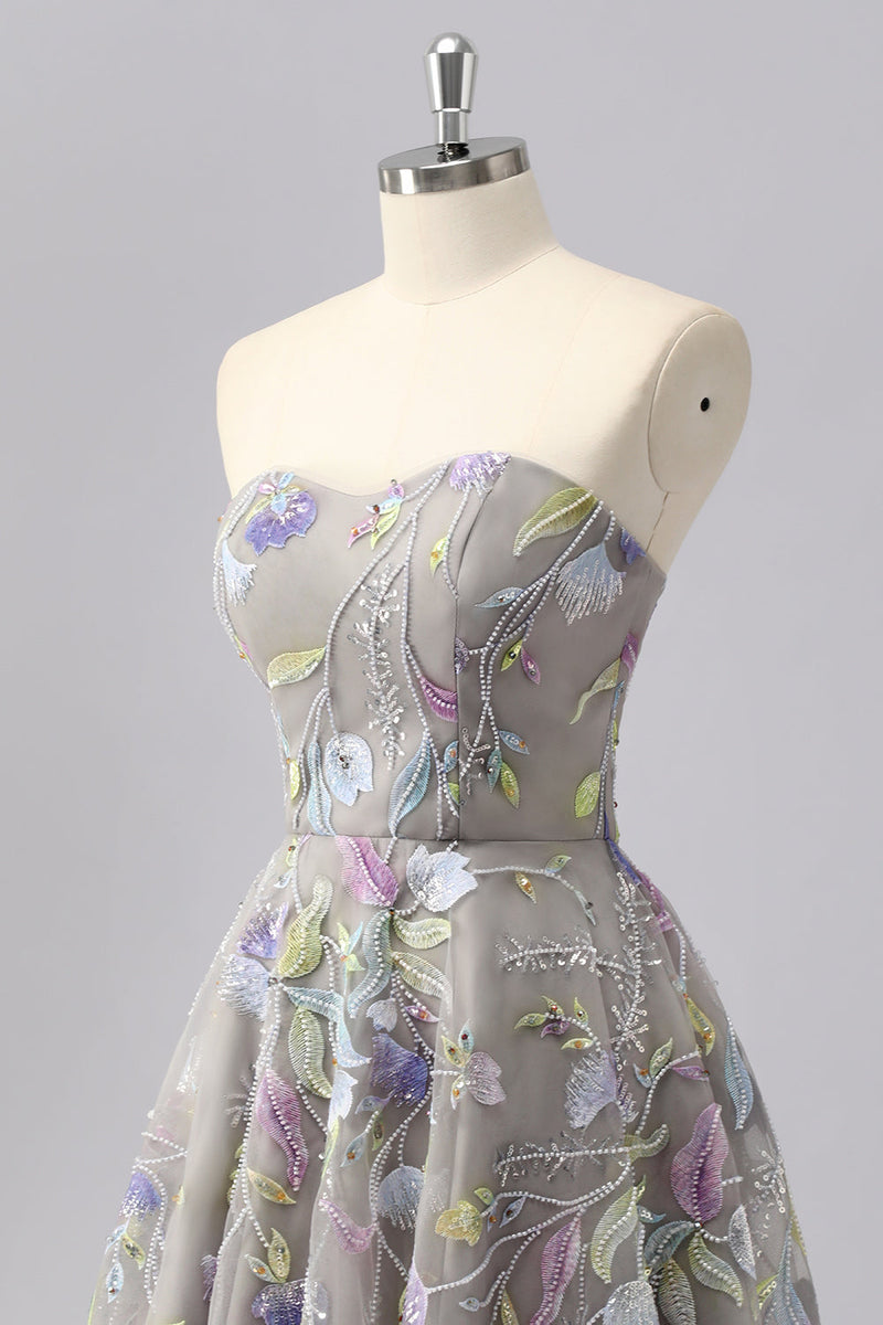 Load image into Gallery viewer, Sparkly Grey Floral Sweetheart Short A Line Prom Dress