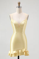 Load image into Gallery viewer, Sparkly Yellow Satin Spaghetti Straps Ruffled Tight Short Prom Dress with Beading
