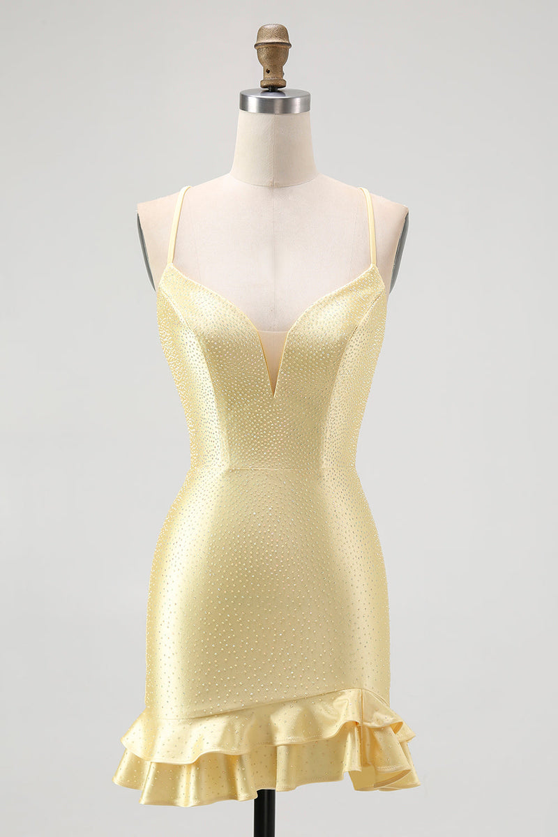 Load image into Gallery viewer, Sparkly Yellow Satin Spaghetti Straps Ruffled Tight Short Prom Dress with Beading