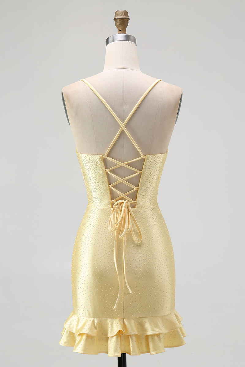 Load image into Gallery viewer, Sparkly Yellow Satin Spaghetti Straps Ruffled Tight Short Prom Dress with Beading