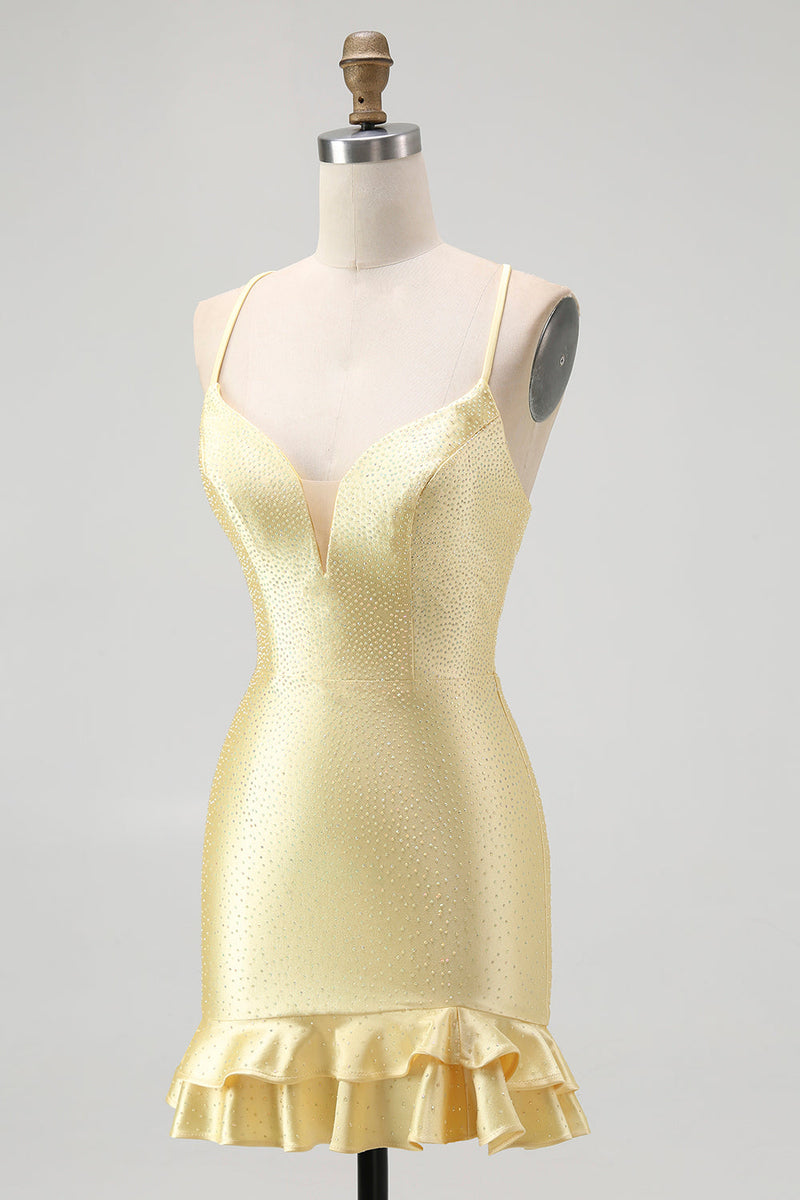 Load image into Gallery viewer, Sparkly Yellow Satin Spaghetti Straps Ruffled Tight Short Prom Dress with Beading