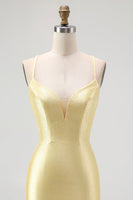 Load image into Gallery viewer, Sparkly Yellow Satin Spaghetti Straps Ruffled Tight Short Prom Dress with Beading