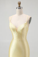 Load image into Gallery viewer, Sparkly Yellow Satin Spaghetti Straps Ruffled Tight Short Prom Dress with Beading