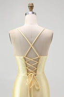 Load image into Gallery viewer, Sparkly Yellow Satin Spaghetti Straps Ruffled Tight Short Prom Dress with Beading
