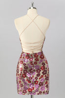 Load image into Gallery viewer, Sparkly Red Floral Backless Tight Short Sequin Prom Dress