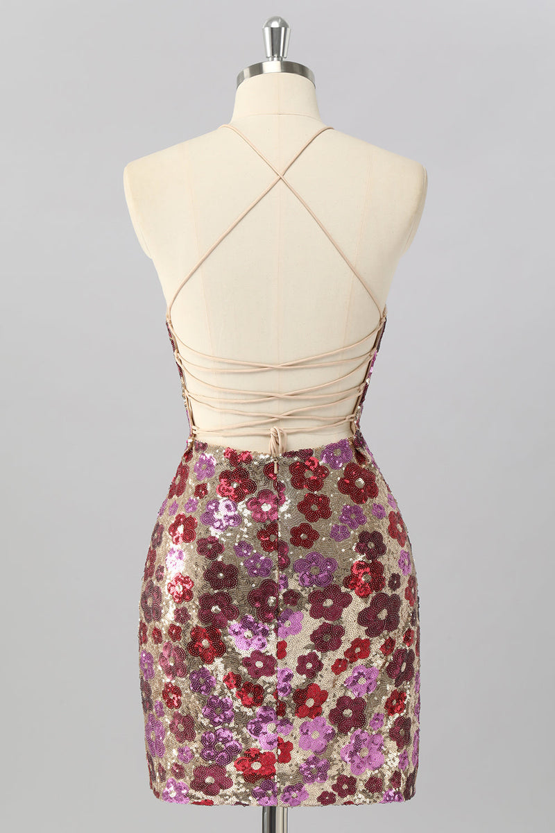 Load image into Gallery viewer, Sparkly Red Floral Backless Tight Short Sequin Prom Dress