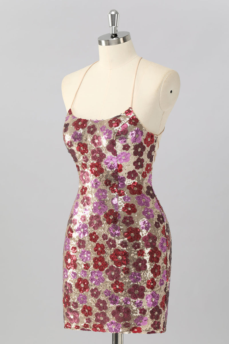 Load image into Gallery viewer, Sparkly Red Floral Backless Tight Short Sequin Prom Dress