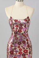 Load image into Gallery viewer, Sparkly Red Floral Backless Tight Short Sequin Prom Dress