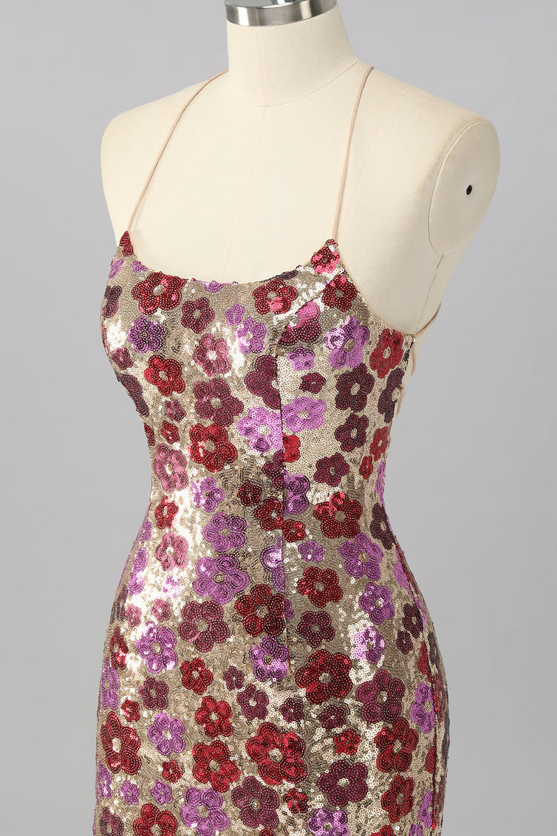 Load image into Gallery viewer, Sparkly Red Floral Backless Tight Short Sequin Prom Dress