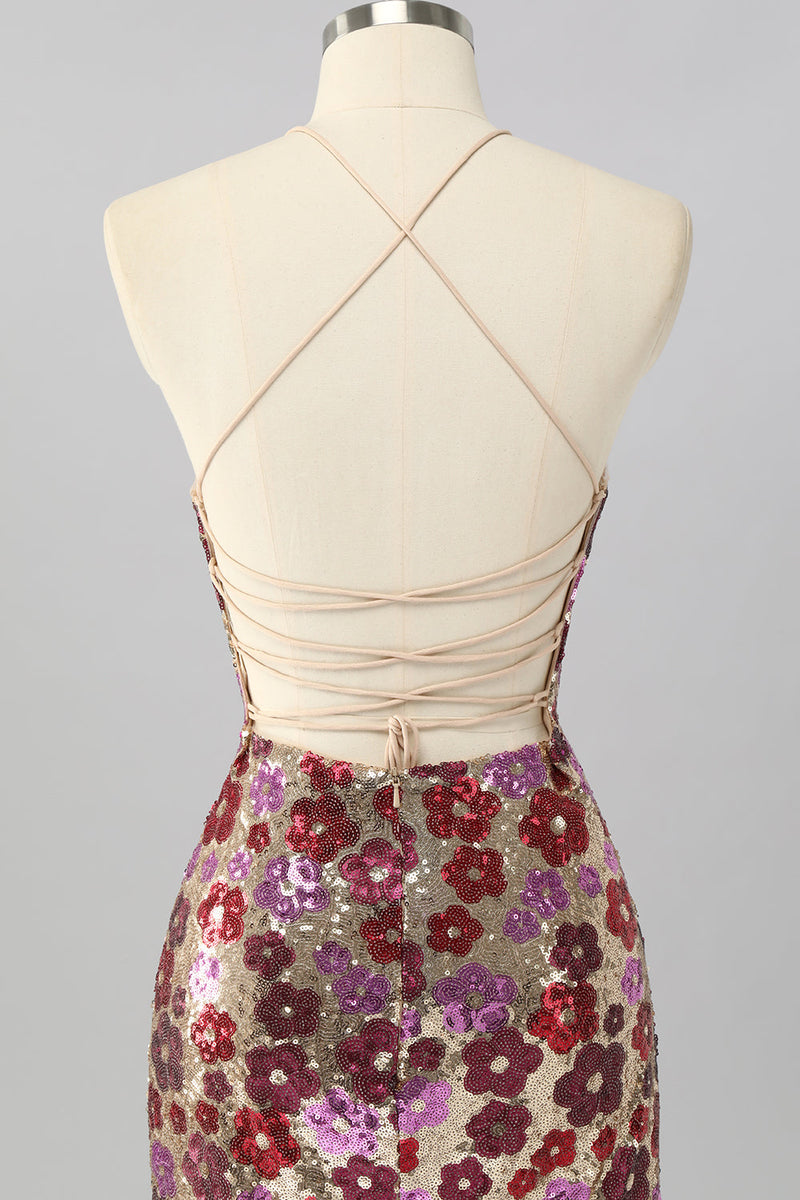 Load image into Gallery viewer, Sparkly Red Floral Backless Tight Short Sequin Prom Dress