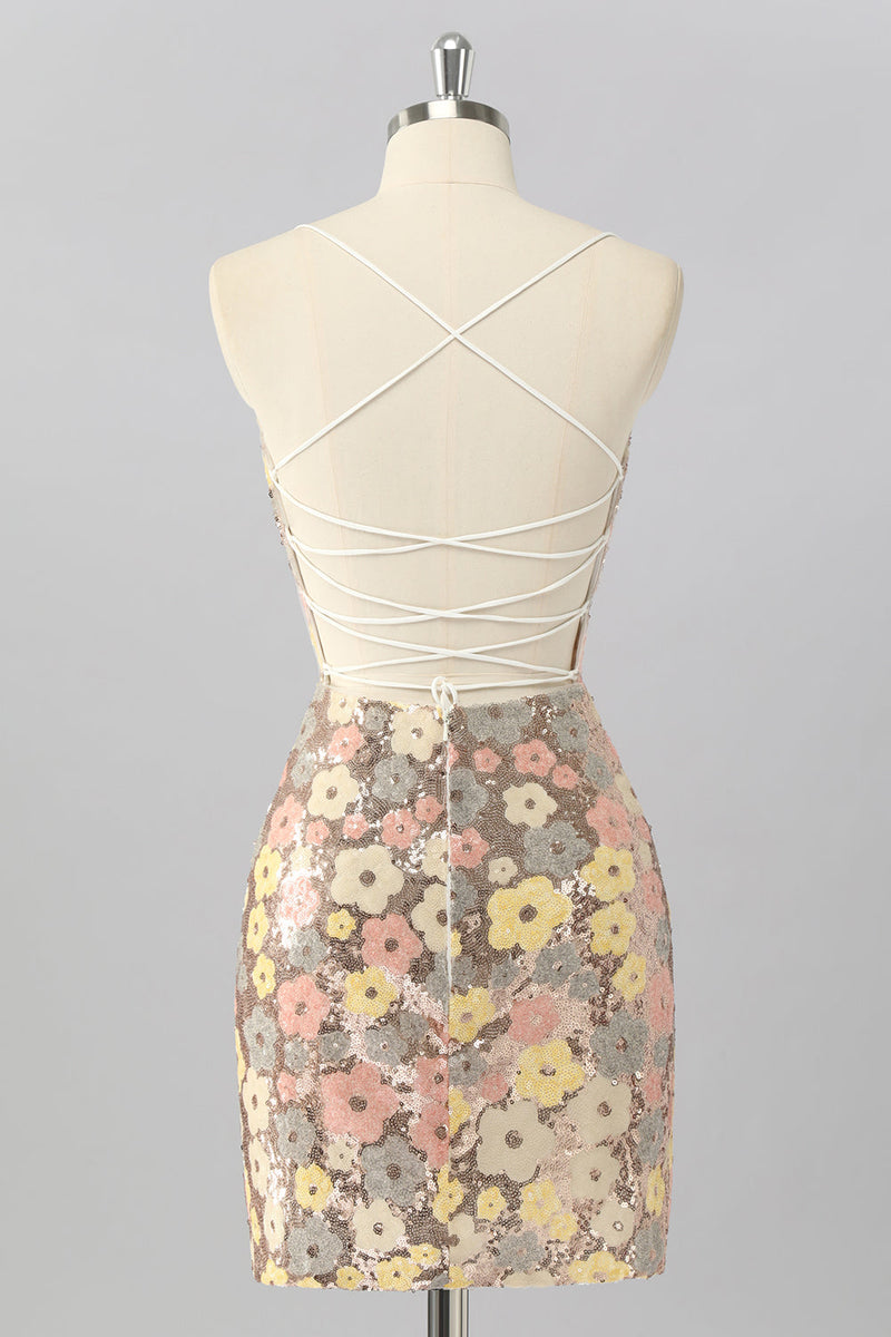 Load image into Gallery viewer, Sparkly Yellow Backless Floral Tight Short Sequin Prom Dress