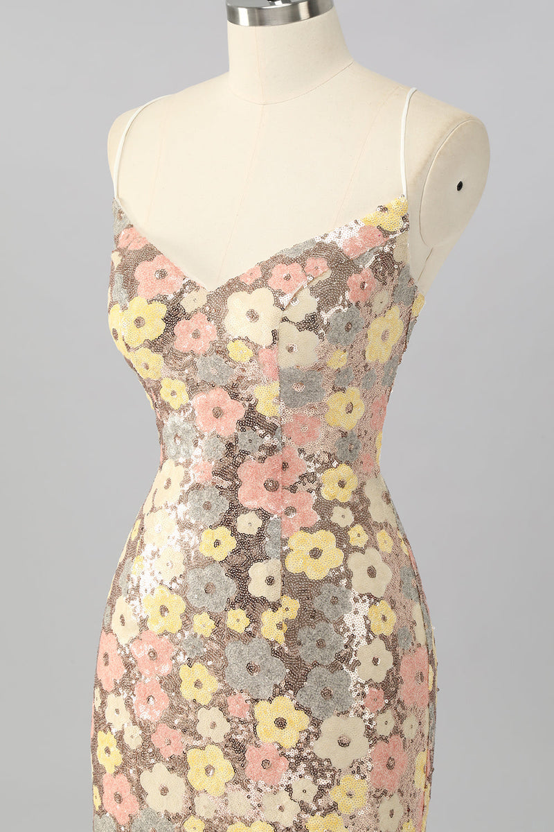 Load image into Gallery viewer, Sparkly Yellow Backless Floral Tight Short Sequin Prom Dress