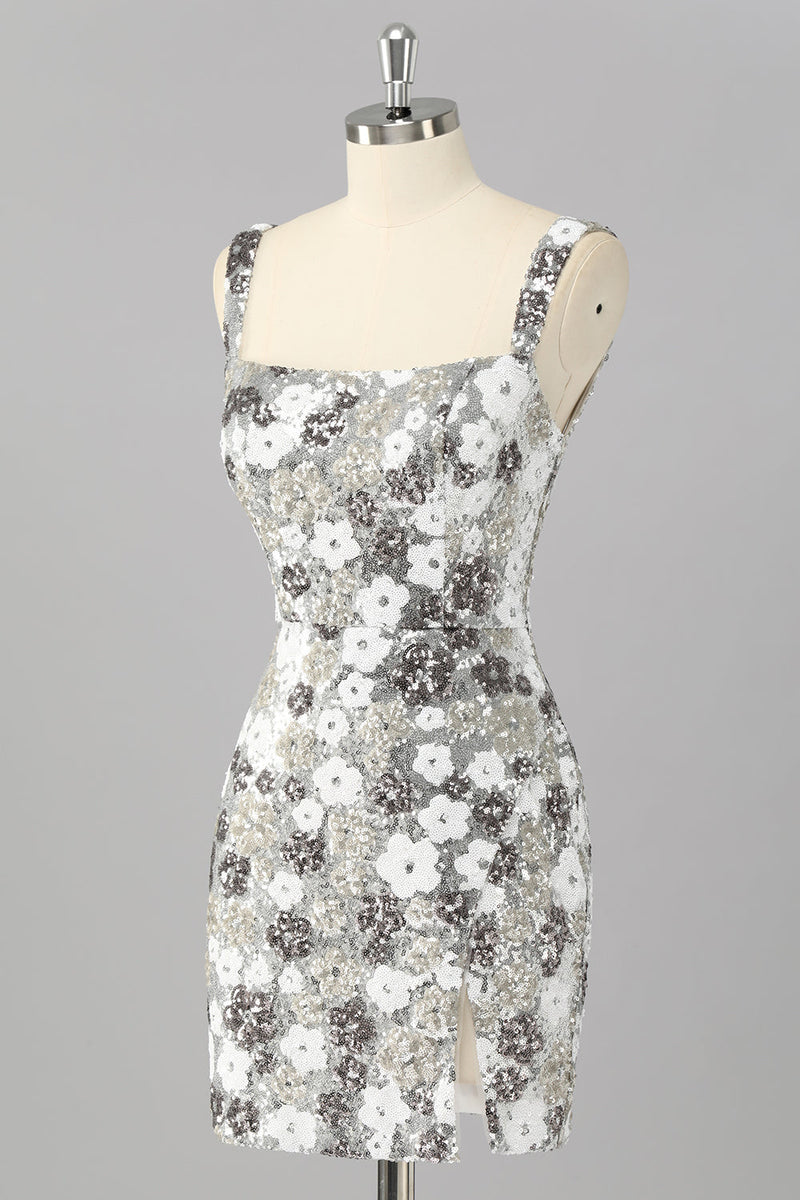 Load image into Gallery viewer, Sparkly Silver Tight Short Sequins Prom Dress with Slit