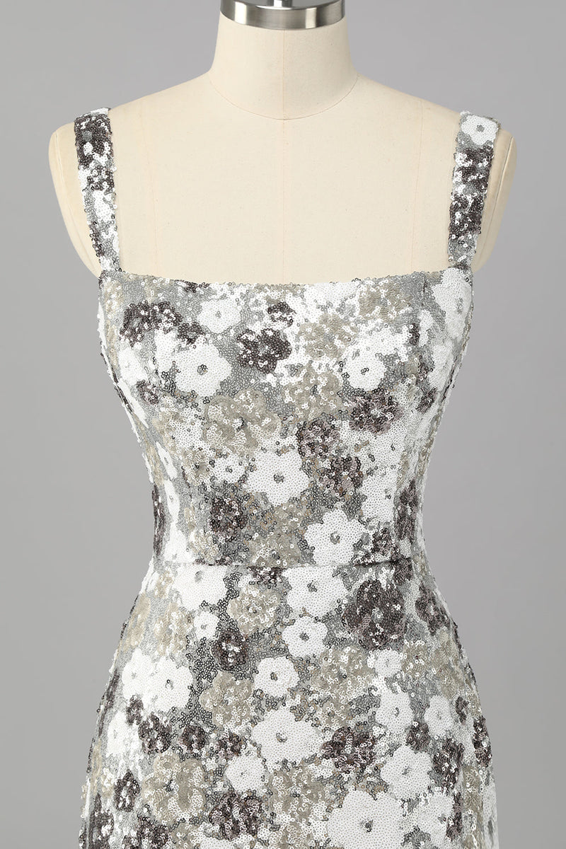 Load image into Gallery viewer, Sparkly Silver Tight Short Sequins Prom Dress with Slit