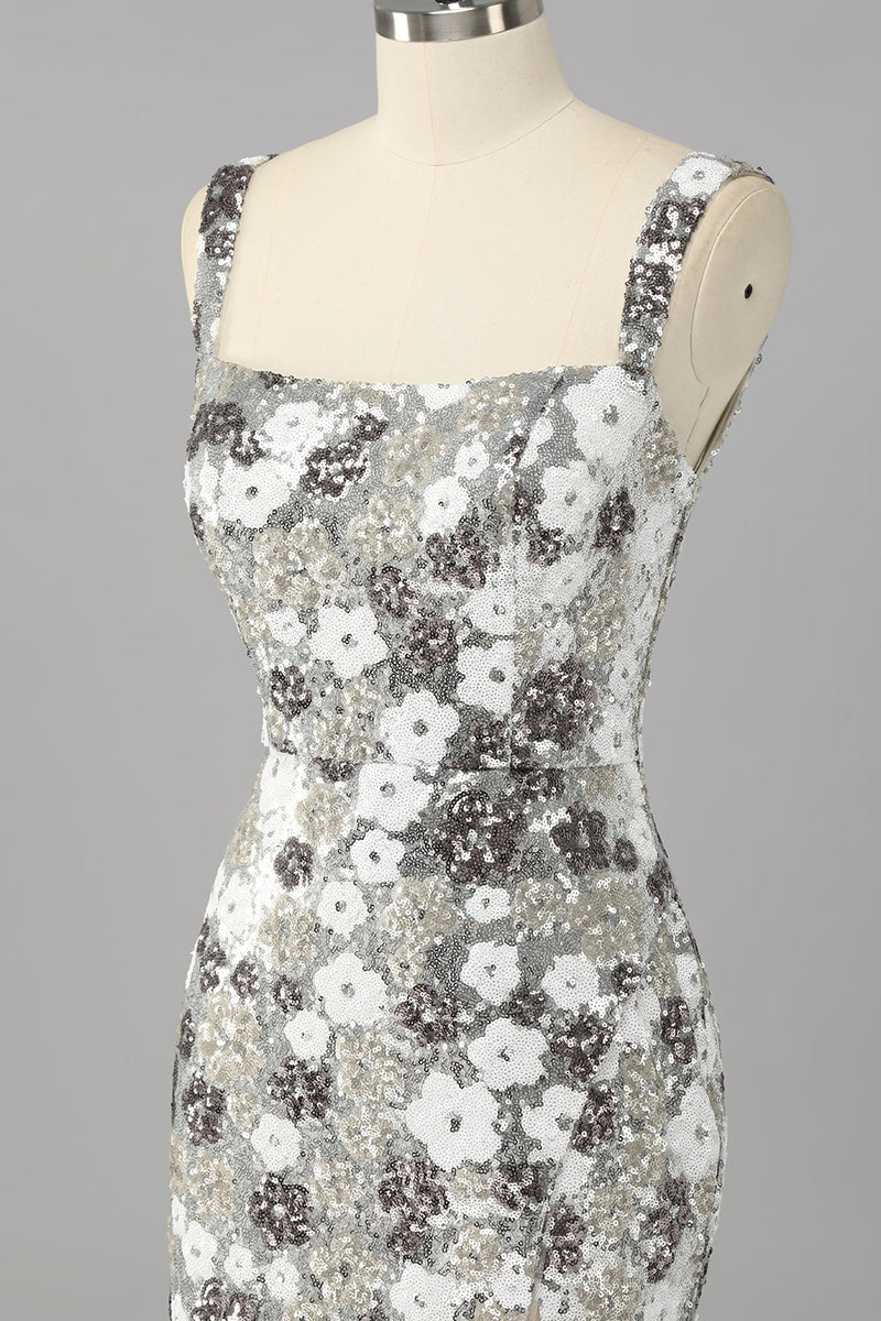 Load image into Gallery viewer, Sparkly Silver Tight Short Sequins Prom Dress with Slit