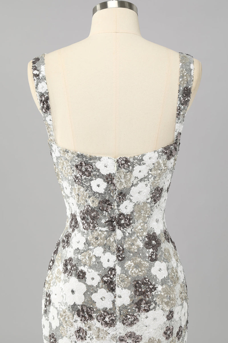 Load image into Gallery viewer, Sparkly Silver Tight Short Sequins Prom Dress with Slit