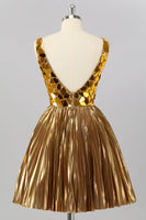 Load image into Gallery viewer, Sparkly Golden Mirror A Line Metallic Short Prom Dress
