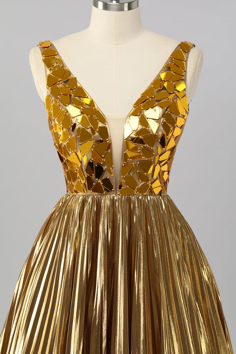 Load image into Gallery viewer, Sparkly Golden Mirror A Line Metallic Short Prom Dress